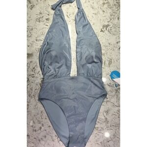 WET Swimwear Blue Floral Deep Plunge Halter Size M One Piece